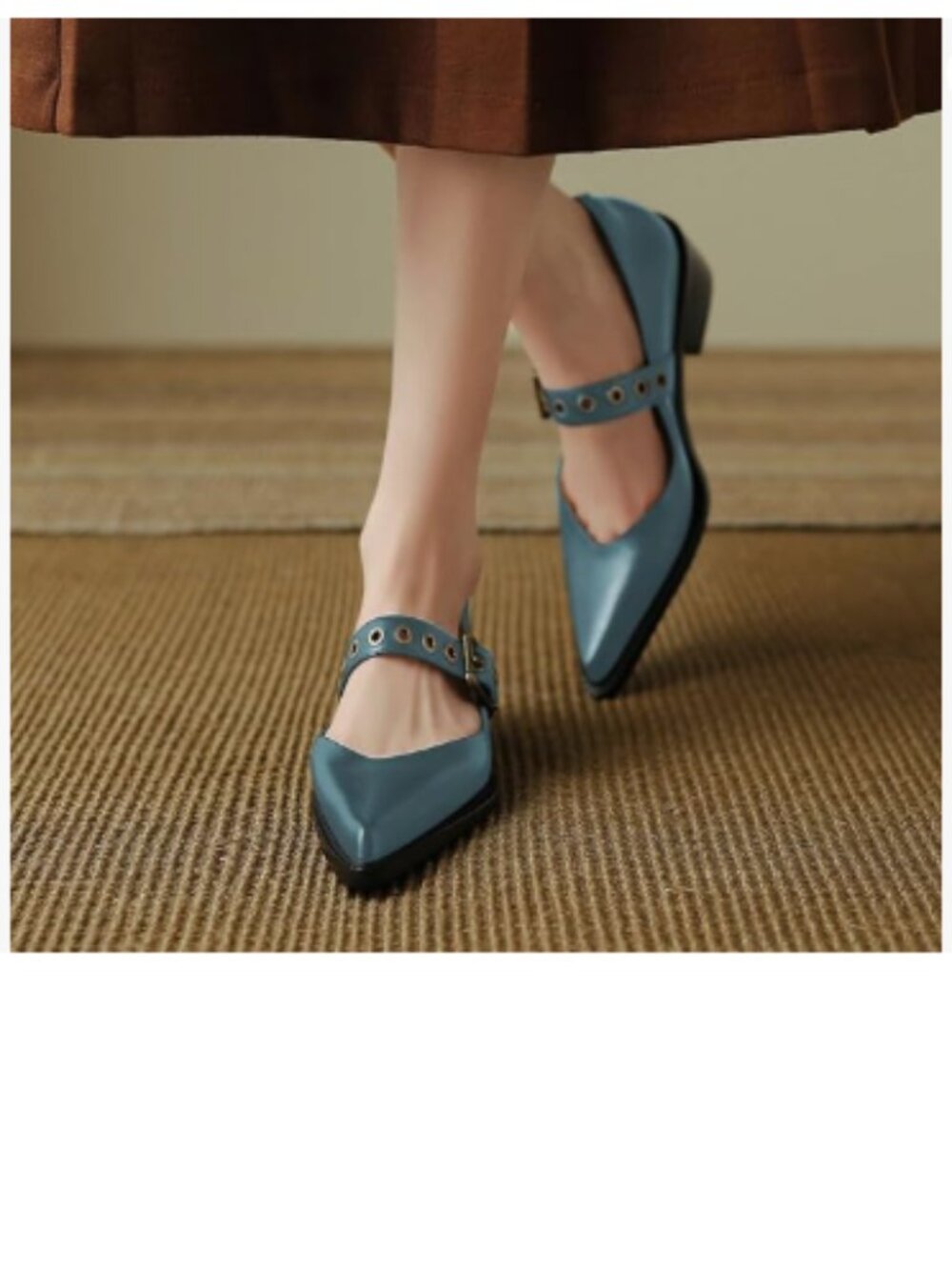 YDN Steel Blue Pointed Toe Mary Jane Chunky Heels Loafers Hollow Buckle Pumps